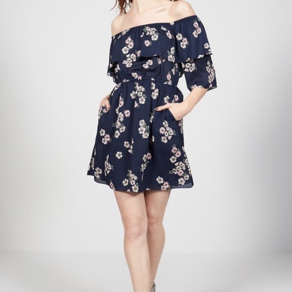 Cupcakes and Cashmere Benita Off the Shoulder Navy Floral Ruffle Dress - Picture 2 of 6